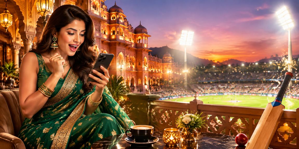 Indian cricket fan placing a bet using mobile app with saree